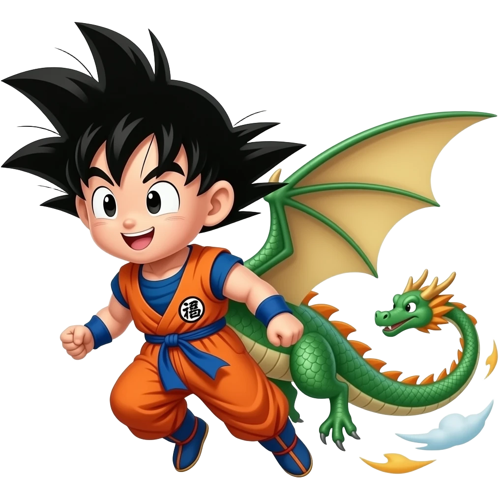 Cute Goku on flying dragon with long tail emoji