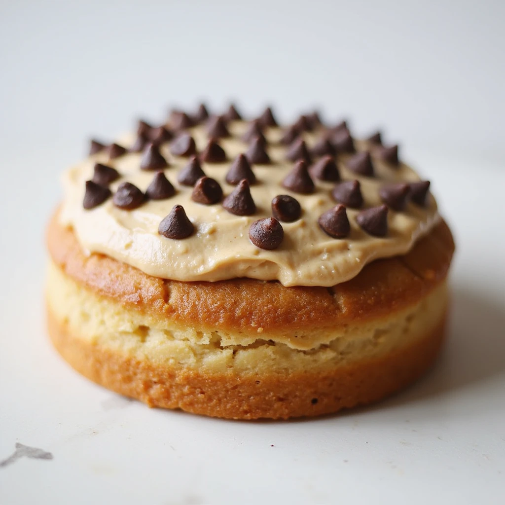realistic round cake with peanut butter frosting and chocolate chips, photorealistic style emoji
