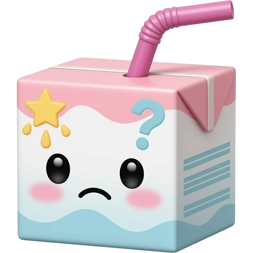 Kawaii juice box with a confused facial expression and a question mark with a hot pink straw emoji