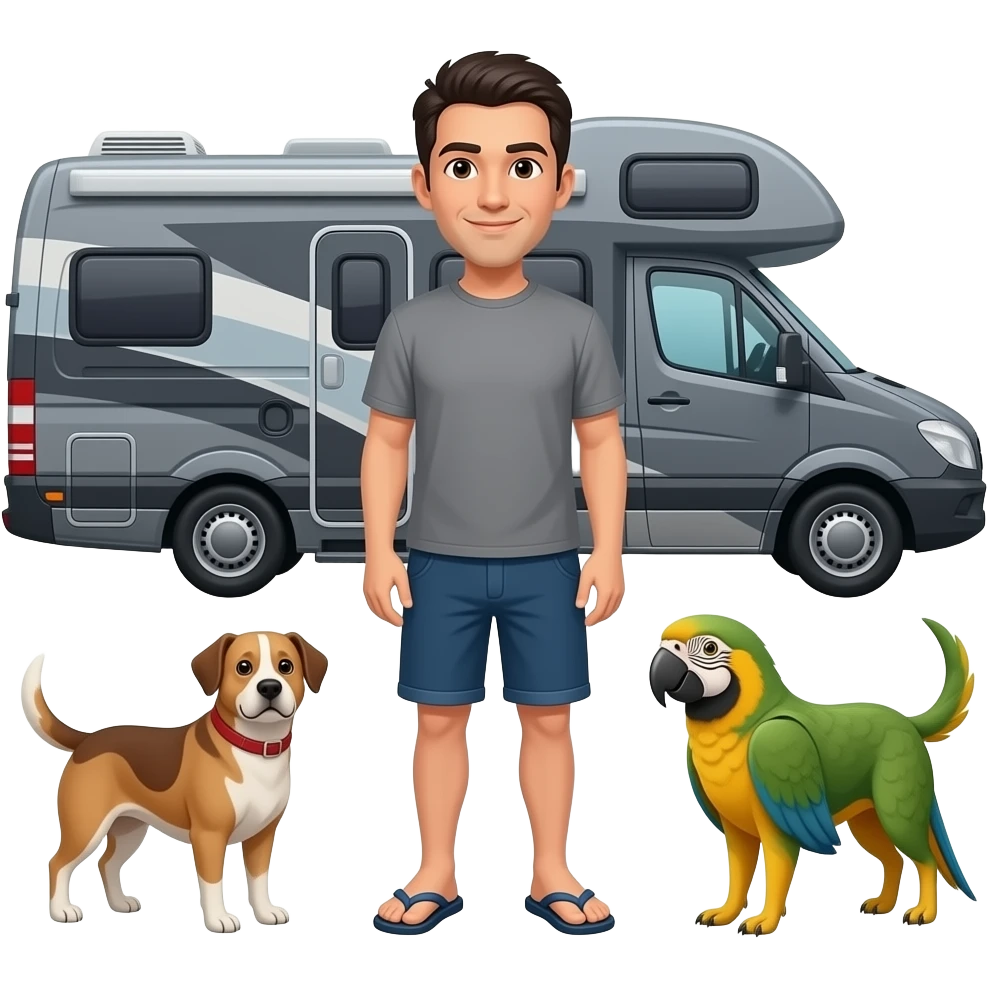 man with short dark hair in shorts and flip flops standing next to a dark grey Mercedes low roof style rv with a dog and parrot emoji emoji