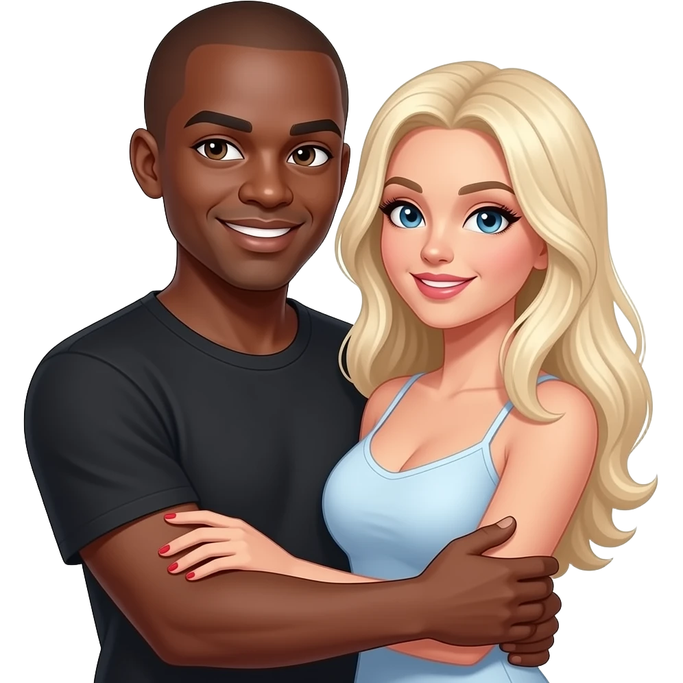 Black boyfriend with bald head hugging voluptuous white girls friend emoji