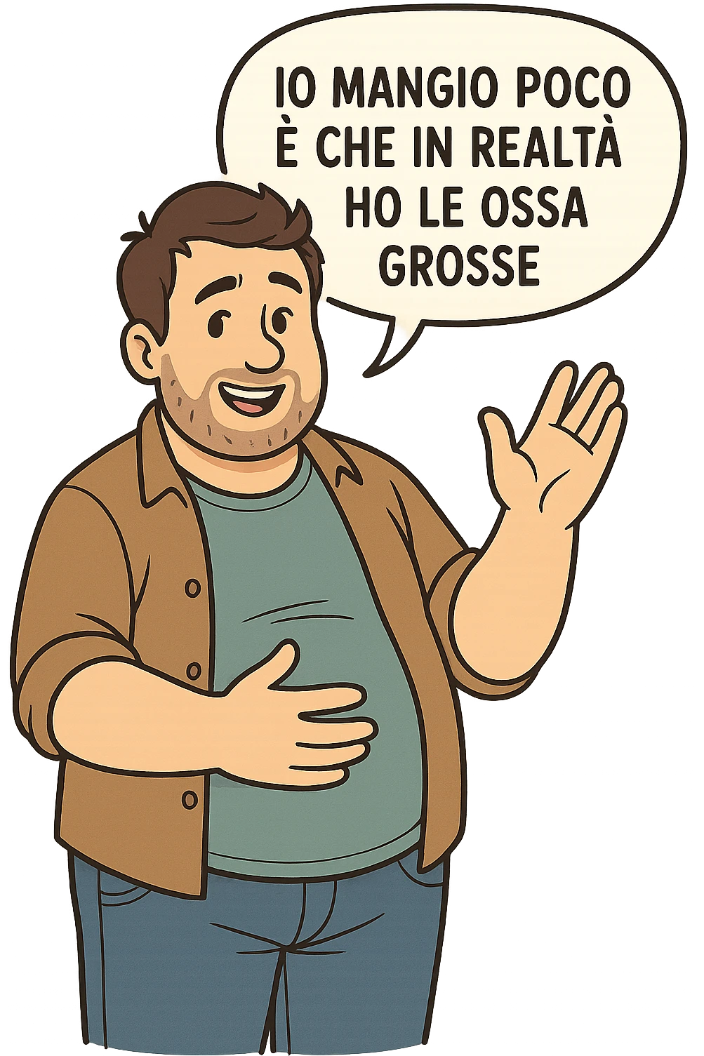 uomo che dice "Io mangio poco è che in realtà ho le ossa grosse" , trovando scuse per il suo peso corporeo emoji