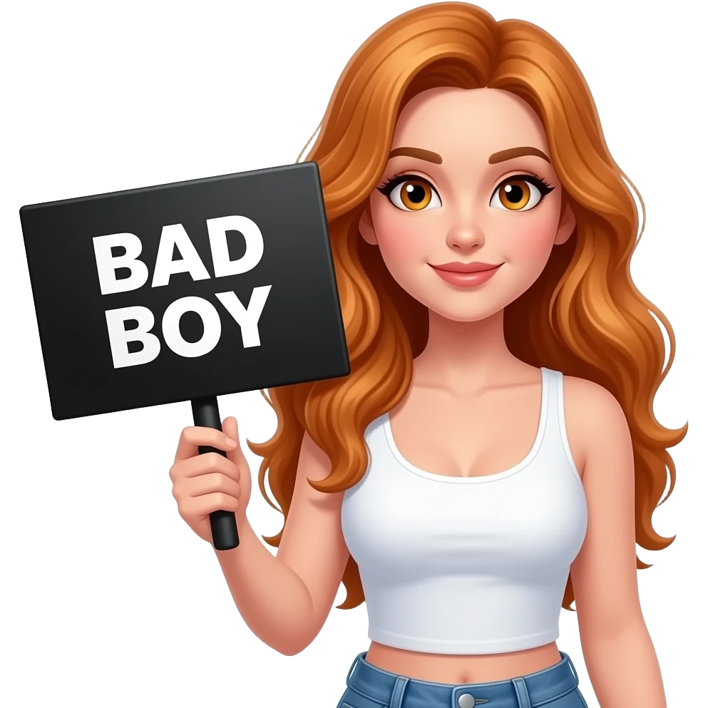 sexy girl with long wavy ginger hair and ginger eyes wearing a white tanktop is holding a black colored sign with BAD BOY written on it emoji