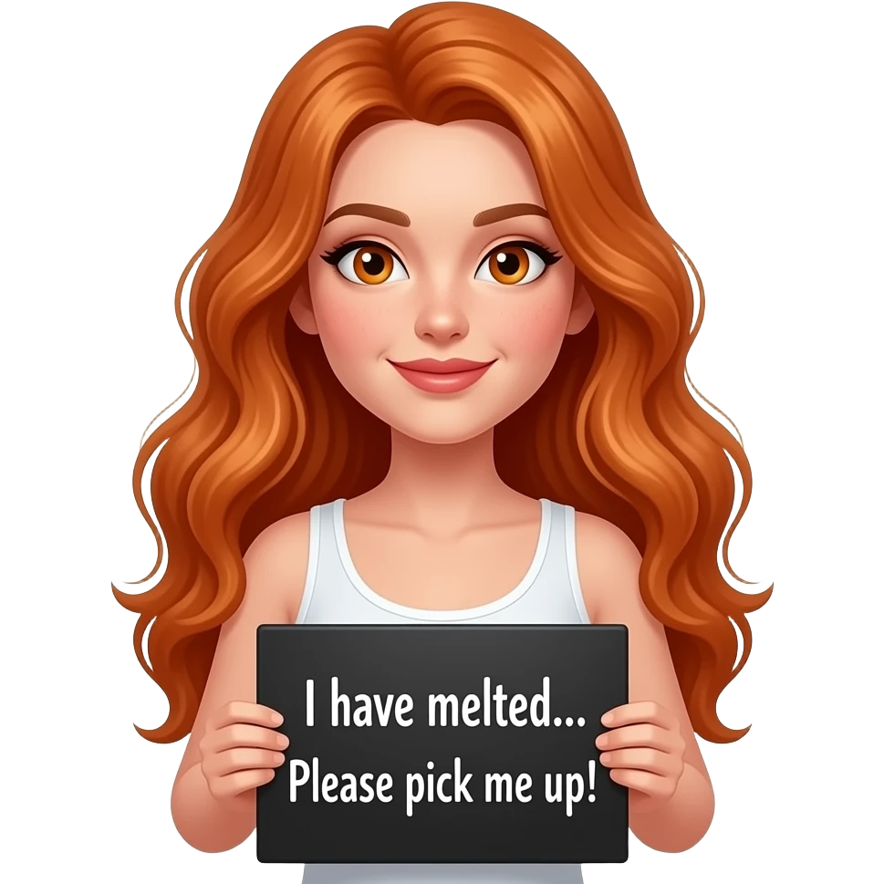 sexy girl with long wavy ginger hair and ginger eyes wearing a white tanktop is holding a black colored sign with I have MELTED... Please PICK ME UP! written on it emoji