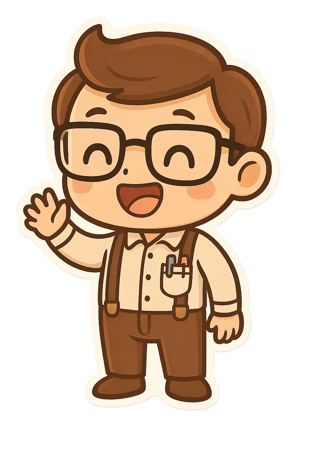 nerd with suspenders, pocket protector, waving, cartoon style emoji