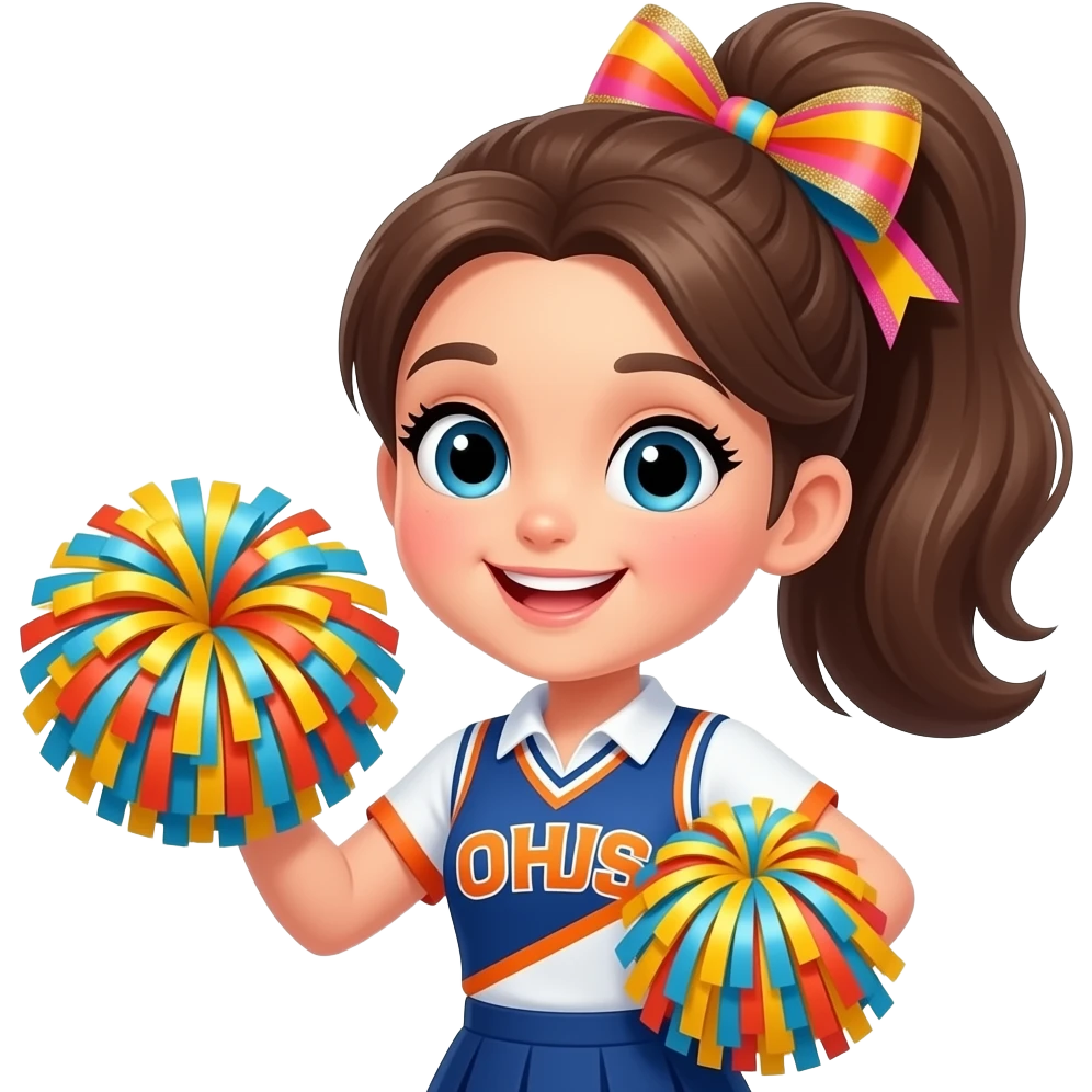 The schoolgirl had her hair in a high ponytail, looking pretty and cute, with a brightly colored bow and a little glitter at the corners of her eyes. She was holding cheerleading pom-poms and seemed cheerful. emoji
