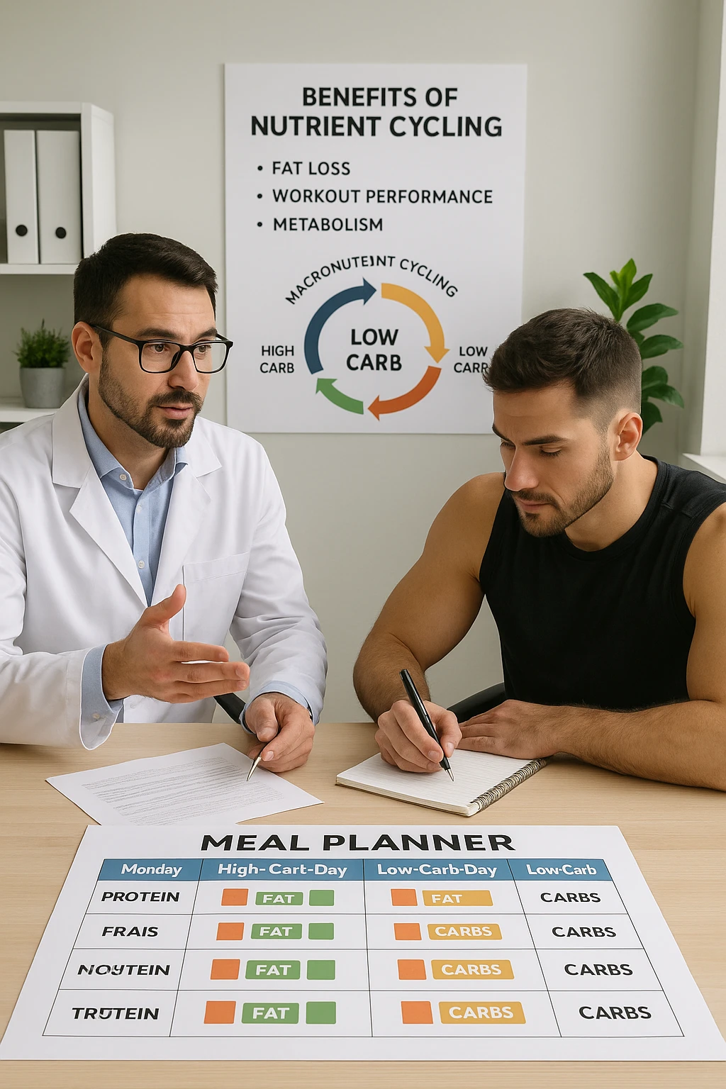 a nutritionist explains to an athlete how to cycle macronutrients for fat loss and training. On the desk, a weekly meal planner shows alternating high-carb and low-carb days, with color-coded sections for proteins, fats, and carbs. The athlete takes notes, and a chart in the background illustrates the benefits of nutrient cycling. The mood is professional and educational. scritto in italiano emoji