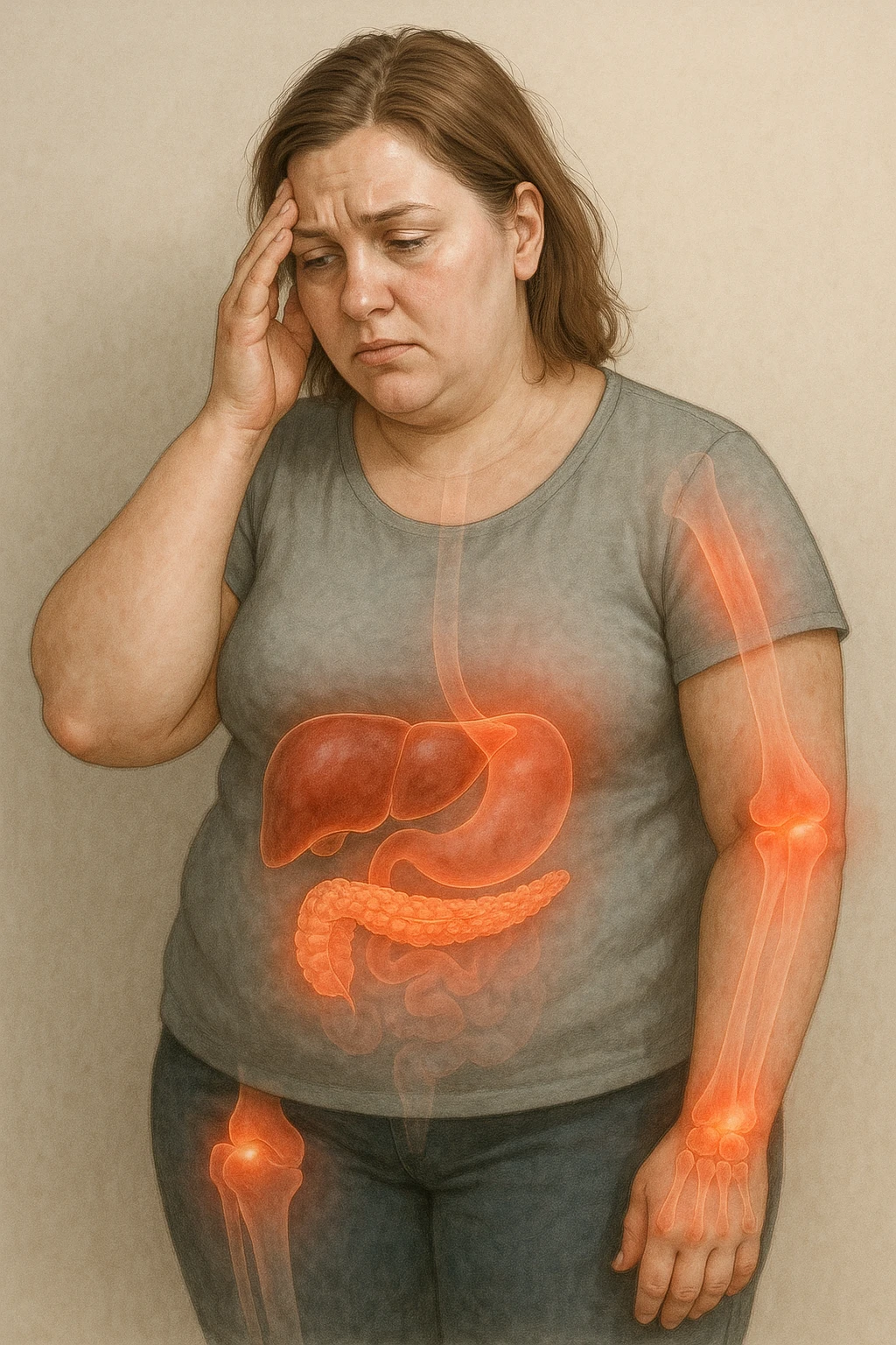 Donna con insulino resistenza e infiammazione cronica nel corpo. immagine realistiche emoji