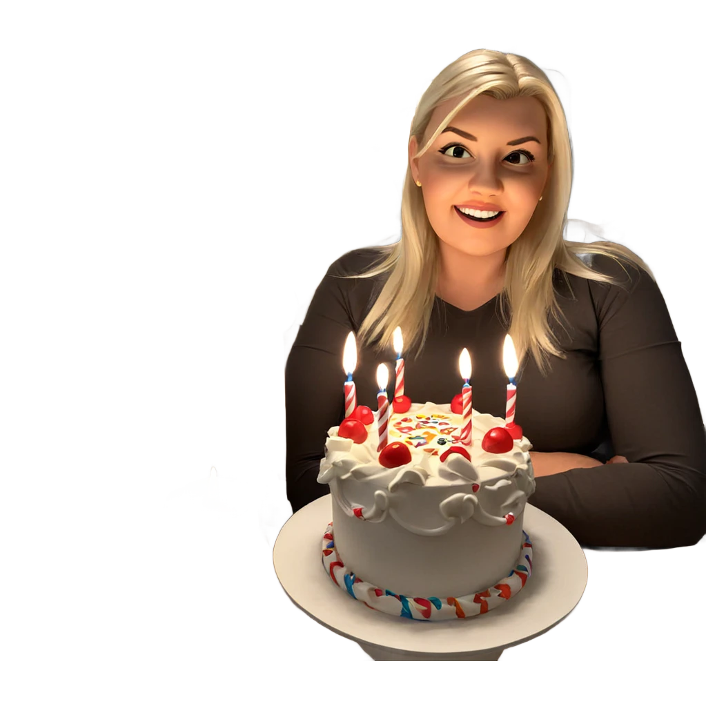 blonde girl with birthday cake emoji