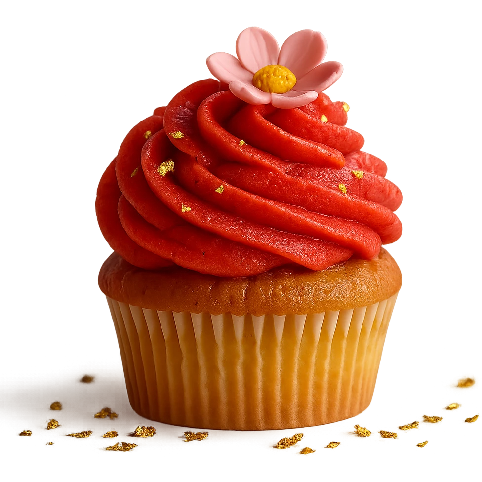 Change the icing to strawberry flavor, keep the realistic cupcake and accessories, photorealistic style, transparent background. Maintain the realistic look and details of the cupcake and accessories while changing the icing to strawberry. emoji