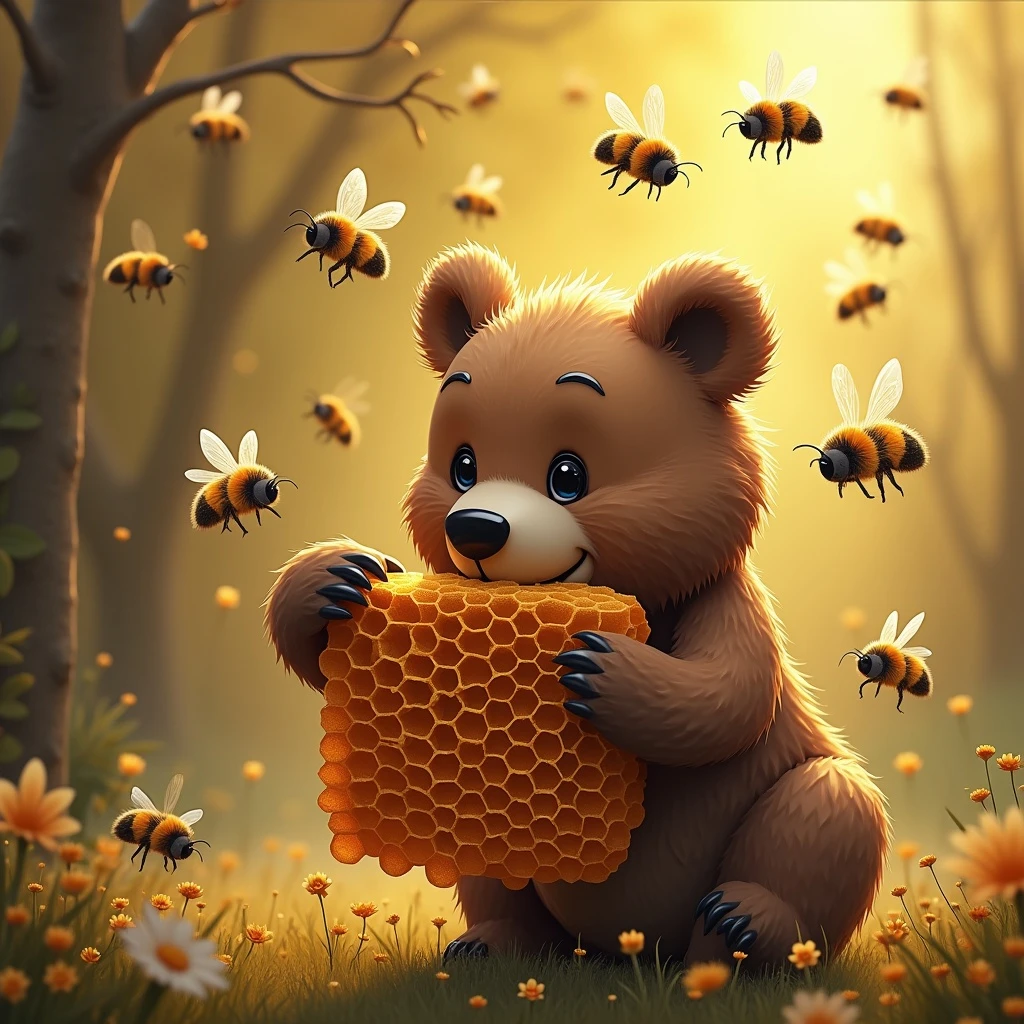 bear eating honeycomb with bees flying around emoji