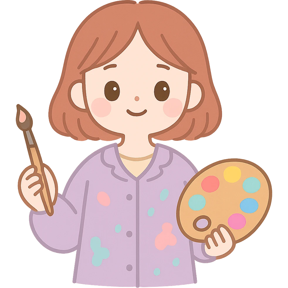 Serene female oil painter, Caucasian features, shoulder-length auburn hair, soft brown eyes, gentle smile, wearing a violet painter’s smock lightly stained with paint over a beige blouse, holding a wooden palette with vibrant colors in one hand and a brush in the other, waist-up, front-facing emoji