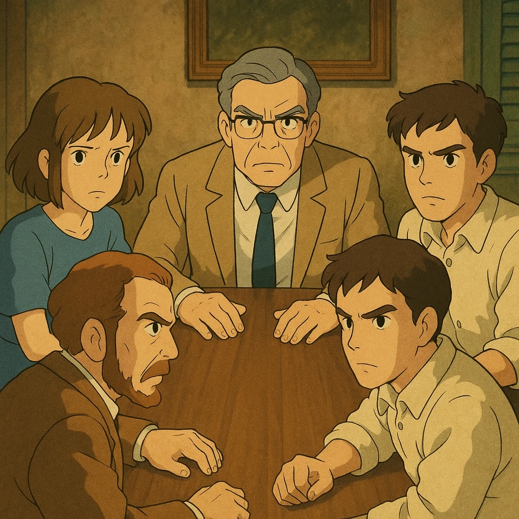 ghibli style illustration of a group gathered around a table with serious expressions, important meeting vibe emoji