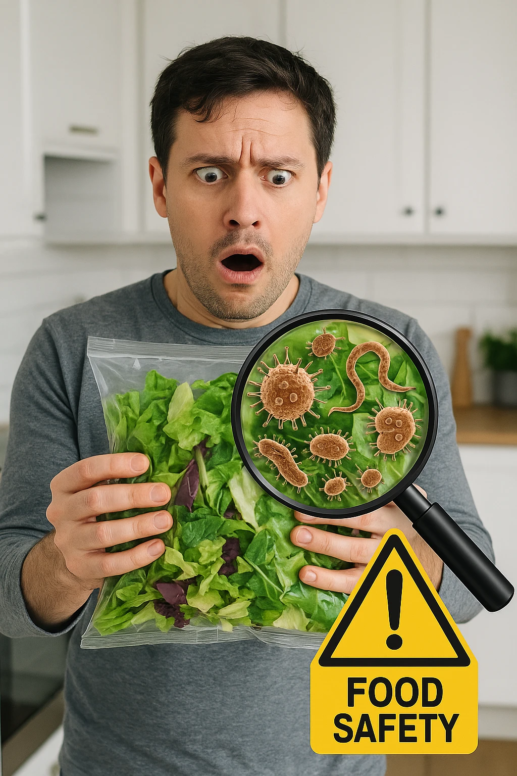 a man holds a bag of salad with both hands, his face frozen in shock as he looks at the contents. Inside the bag, exaggerated but realistic depictions of parasites and bacteria are visible, some highlighted with a magnifying glass overlay. The background is a clean kitchen, and a warning sign appears in the corner to reinforce the message about food safety. emoji