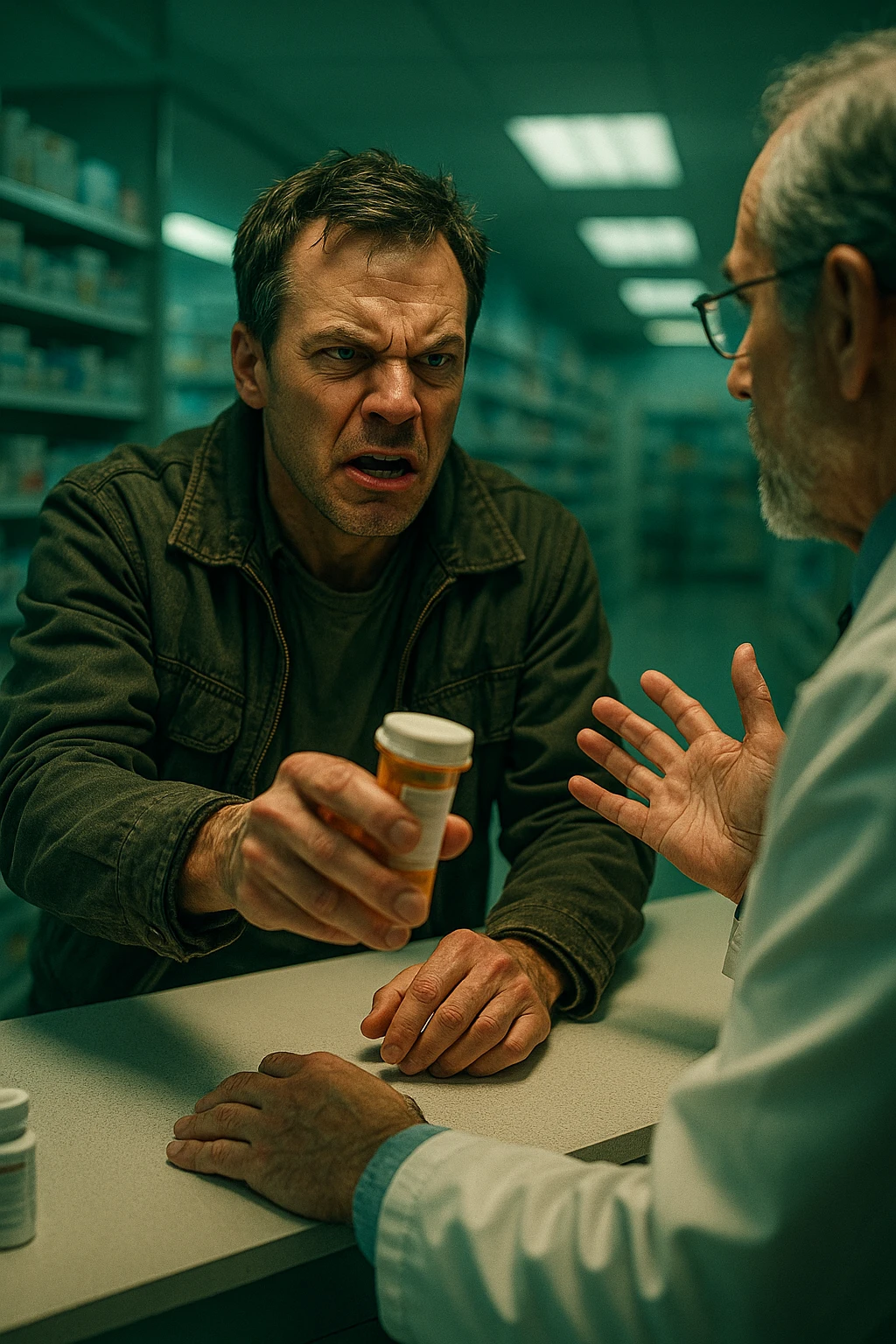 Cinematic Frustrated man at pharmacy counter demanding immediate pain relief medication, expression of impatience wanting instant symptom elimination, ignoring pharmacist's questions about underlying causes, grabbing prescription bottle eagerly, symptom suppression taking priority over healing, modern medicine aisle promising quick fixes for complex health problems" in italiano emoji