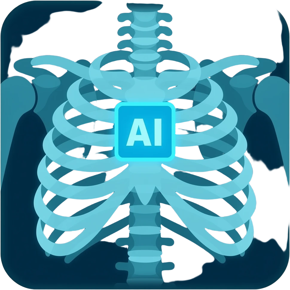 Minimalist icon of a digital X-ray screen showing a human chest, with a glowing blue AI square highlighting a specific spot, medical diagnostic concept, high-tech flat design, vector style, blue and teal tones. emoji