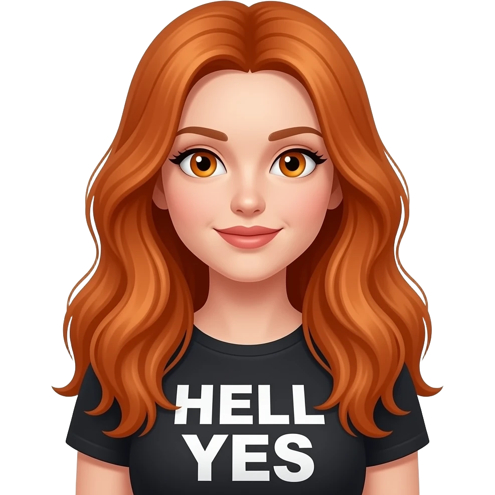 sexy girl with overlong ginger hair and ginger eyes a top with HELL YES written on it emoji