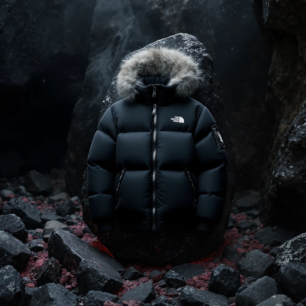 cinematic still of a black puffer jacket around black stone with red coal temeperature environment emoji