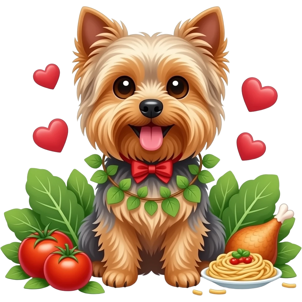 Yorkie dog smiling tongue out sitting among ivy, tomatos, spinach, chicken and pasta and floating hearts emoji