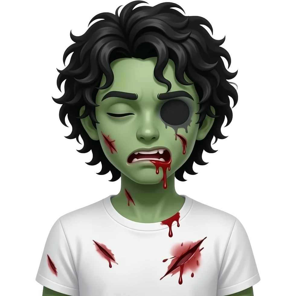 low quality, dark green skin zombie, black long curly 3c type hair, mouth slightly open with blood leaking out of mouth, wounds and on zombie, white regular tee shirt, a young teenager, no wrinkles on face at all, eyes blacked out all the way with one eye shut, bloody cuts, one eye shut emoji