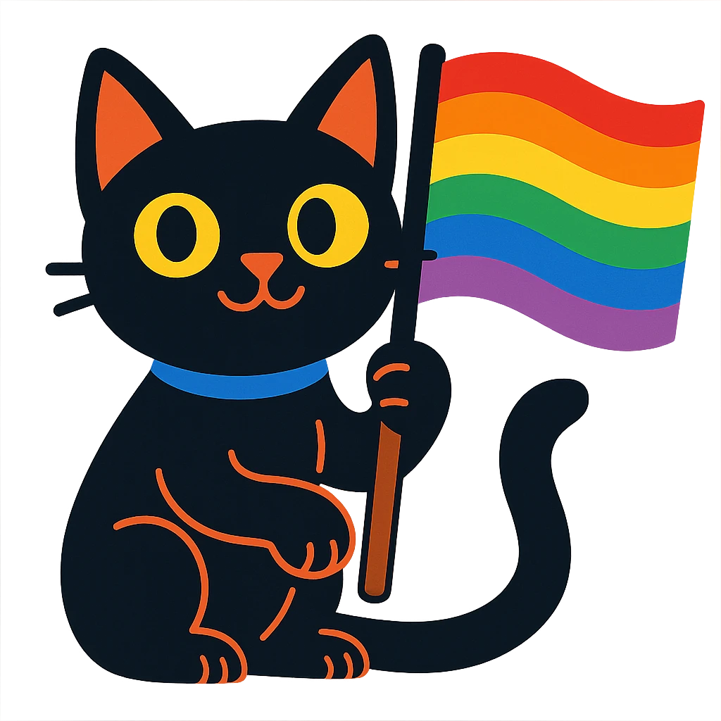 black cat with LGBT flag, vibrant cartoon style emoji