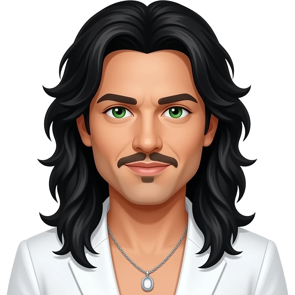 Kevin Richardson from Backstreet Boys with green eyes, long black hair and thin mustache, white pop outfit, necklace emoji