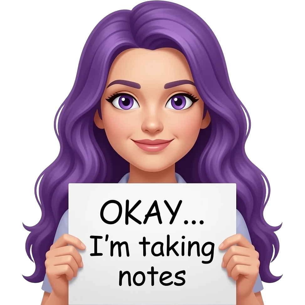 sexy girl with long purple hair and purple eyes holding a OKAY... I'm taking notes  sign emoji