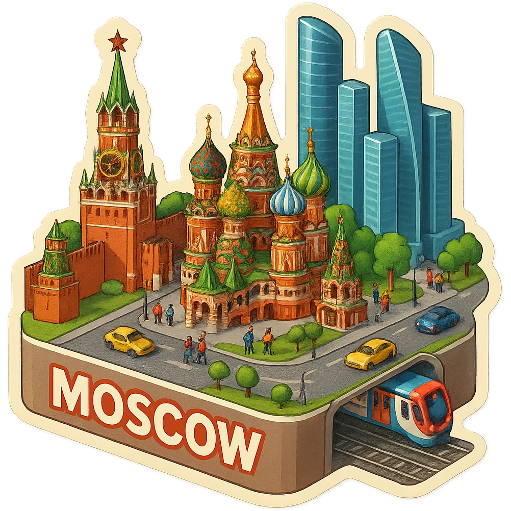 Изометричная миниатюрная 3D модель Москвы на подставке - фотореалистичный Кремль, собор Василия Блаженного, фотореалистичный Башни Москва-Сити, аккуратная детализация, яркие цвета, мультяшный реализм, гуляют люди и современный автотранспорт и метро, компактная композиция, вид сверху в изометрии emoji