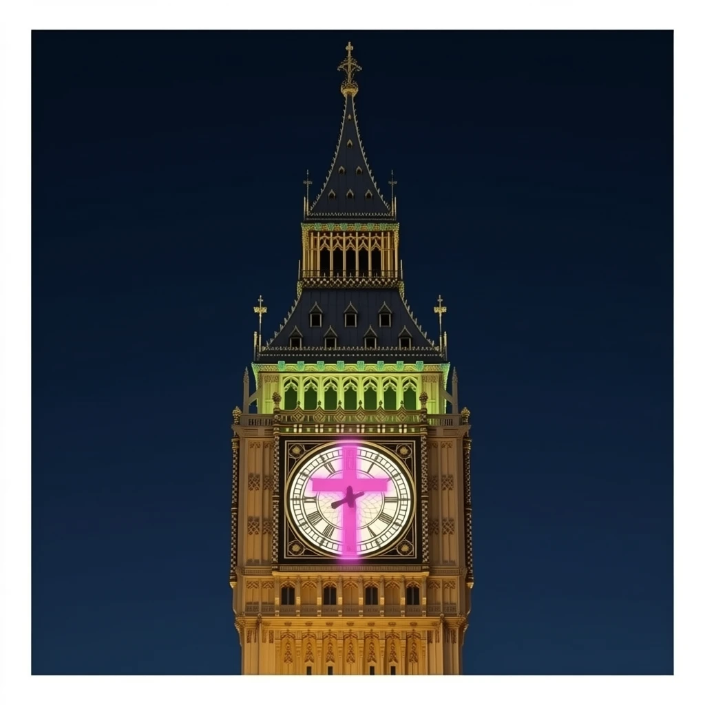 London clock tower with a glowing pink Christian cross replacing the analogs emoji