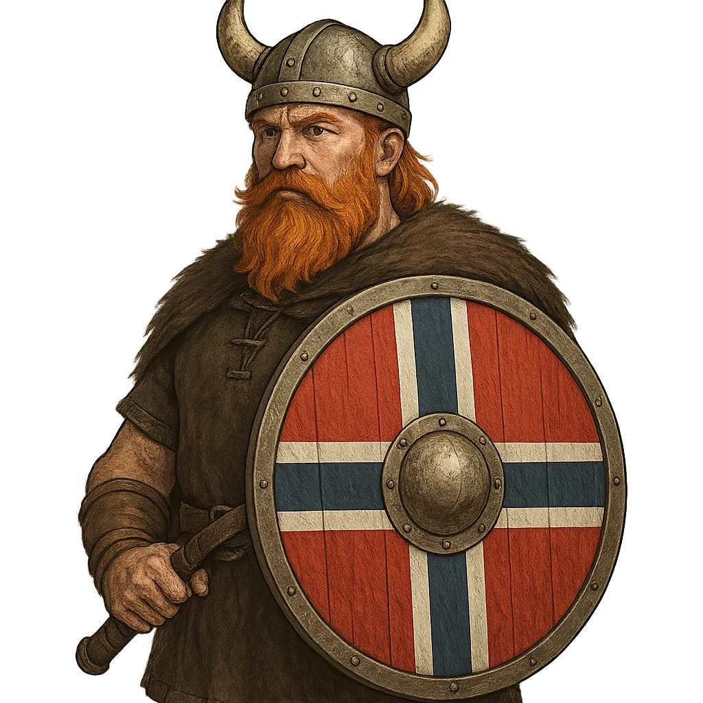 Norwegian Viking with red beard and helmet with horns. Holds a round shield with Norwegian pattern emoji