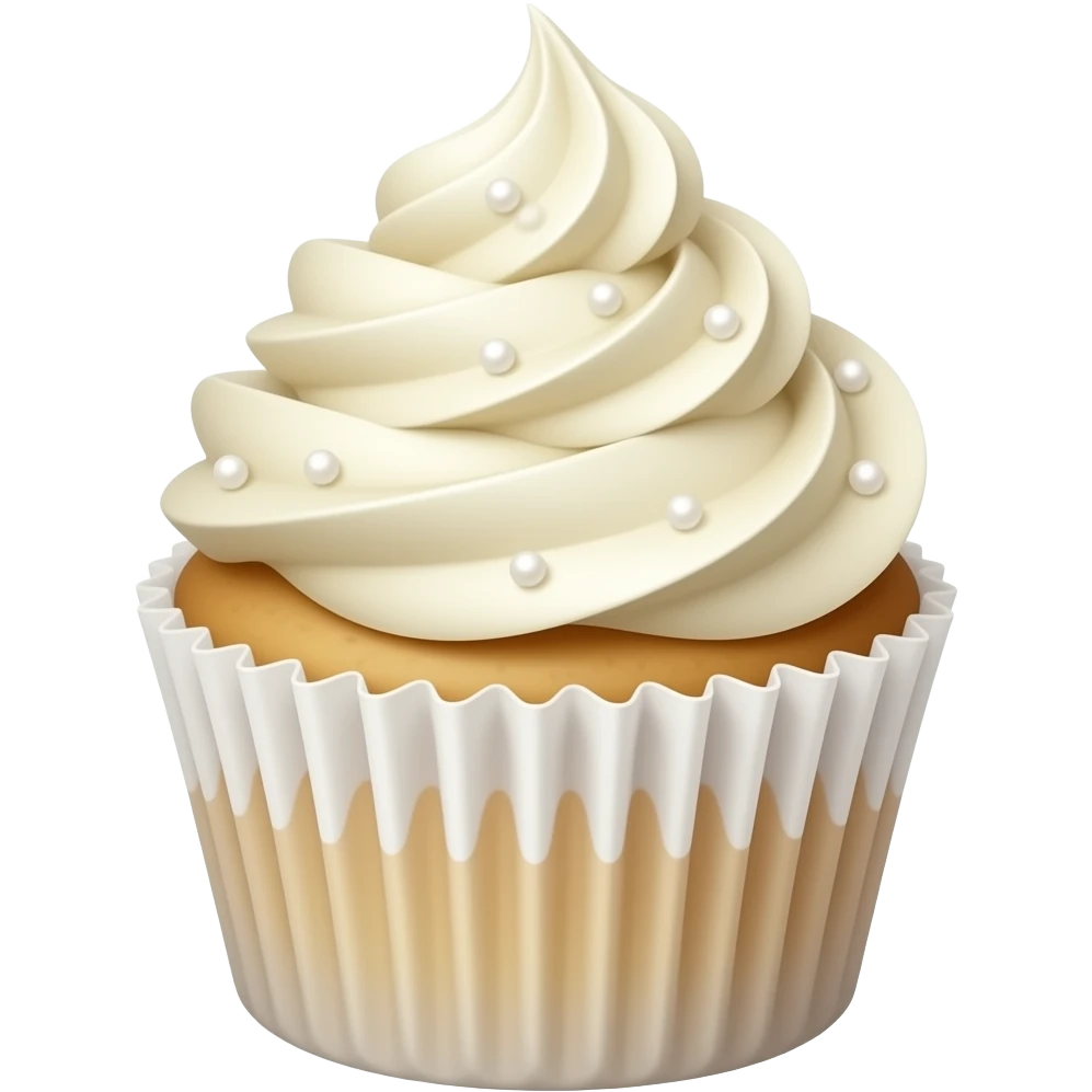 Realistic white wedding cupcake with vanilla icing, pearl sprinkles emoji