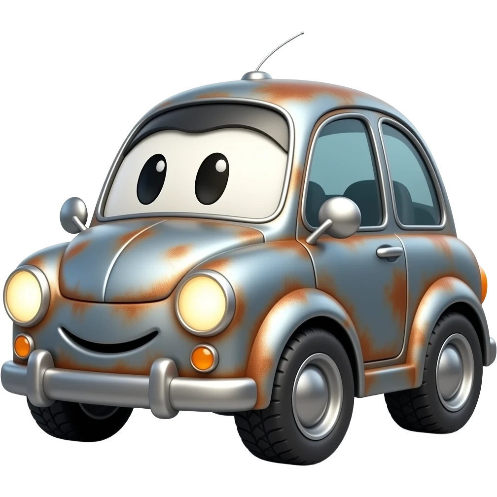 Cute 3D emoji-style rusty machine on four wheels, glowing round headlights, toy-like, gray metal with rust, soft lighting, clean background emoji