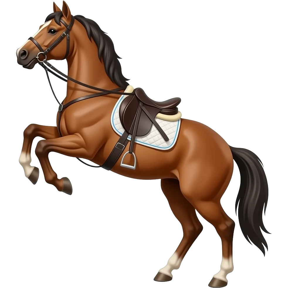 The cartoon brown horse with saddle and briddle rears emoji