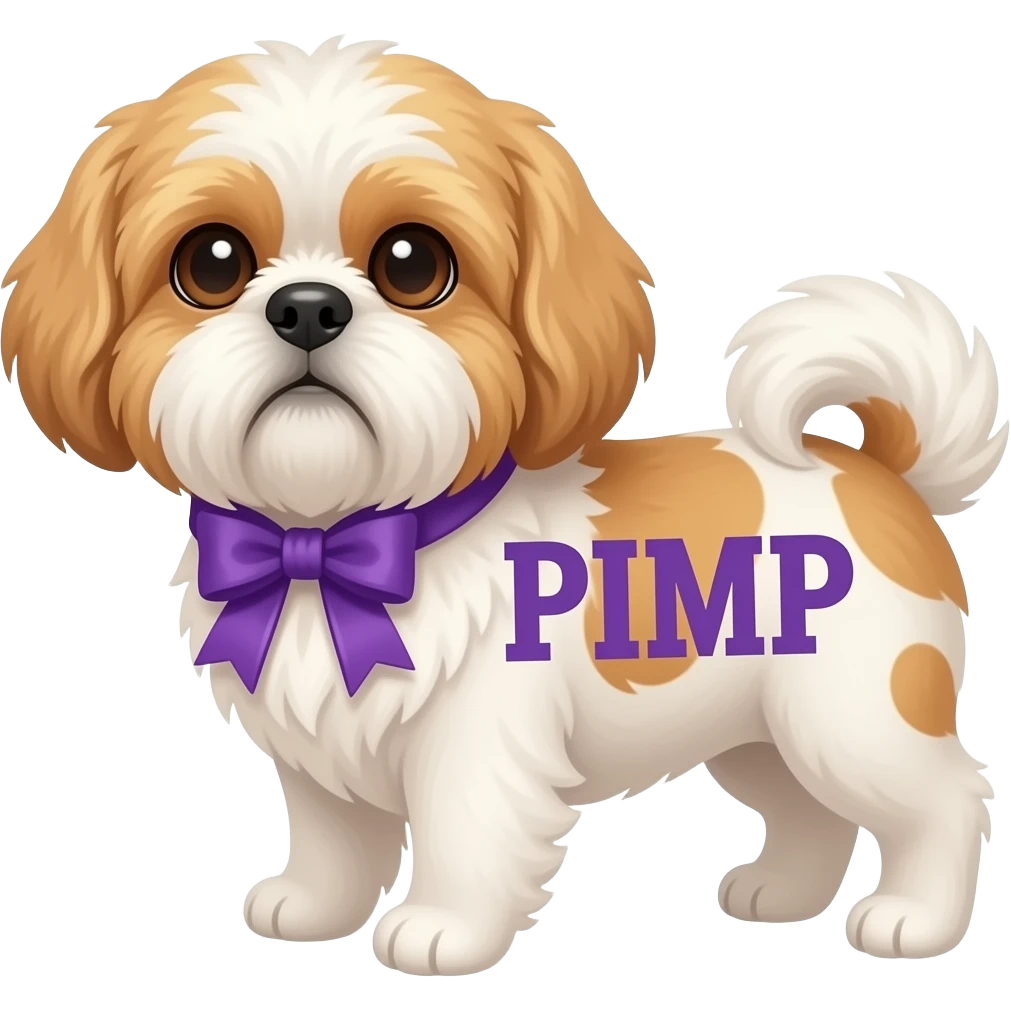 shitzu dog with two purple ribbons. it has a lettering "PIMP" emoji