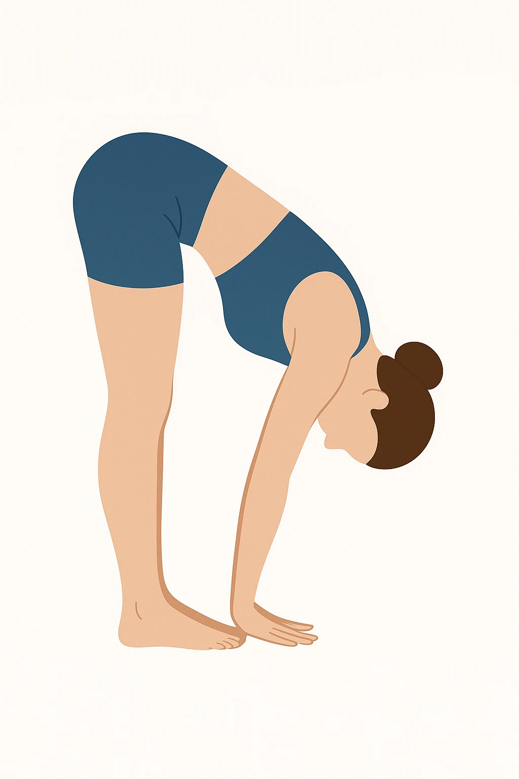 "Minimalist flat vector illustration of a woman doing yoga in forward fold pose (Uttanasana), wearing sportswear (blue top and blue shorts), brown hair in a bun, clean white background, no face details, elegant style" emoji