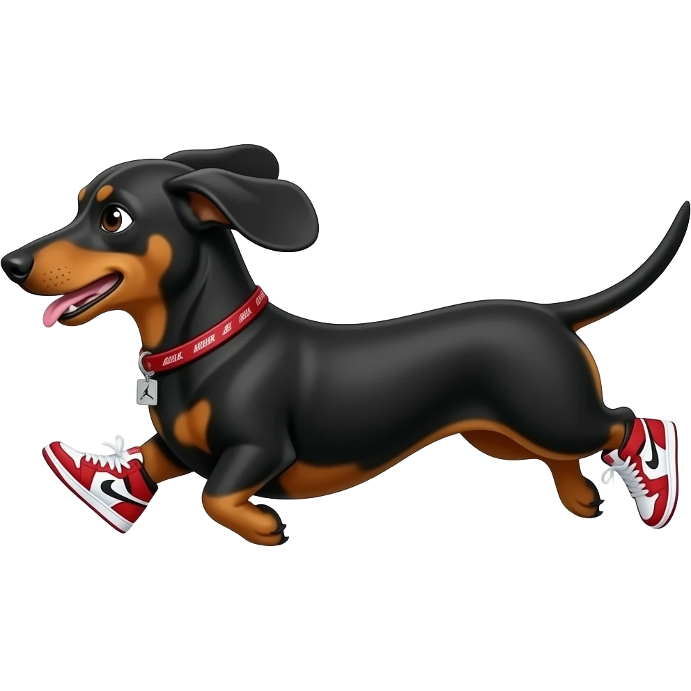 Perro salchicha corriendo con tenis Jordan rojos en sus 4 patas emoji