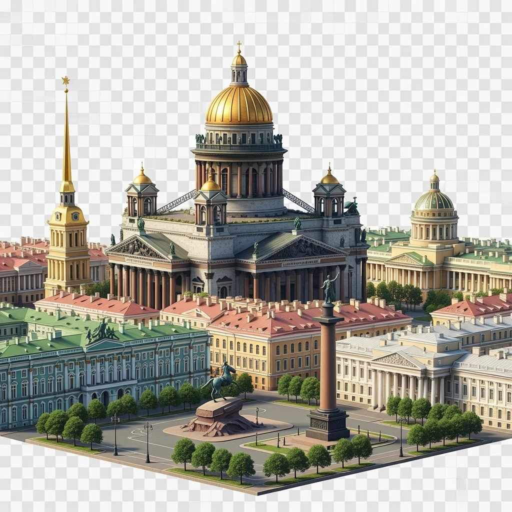 Изометрическая иллюстрация-модель Санкт-Петербурга с акцентом на фотореалистичный Исаакиевский собор, Зимний дворец, памятник Петру I, Адмиралтейство, здание Сената, Александрийский столп, баланс между стилизацией и реализмом, эффект рисованной миниатюры Tift shift, прозрачный фон. emoji