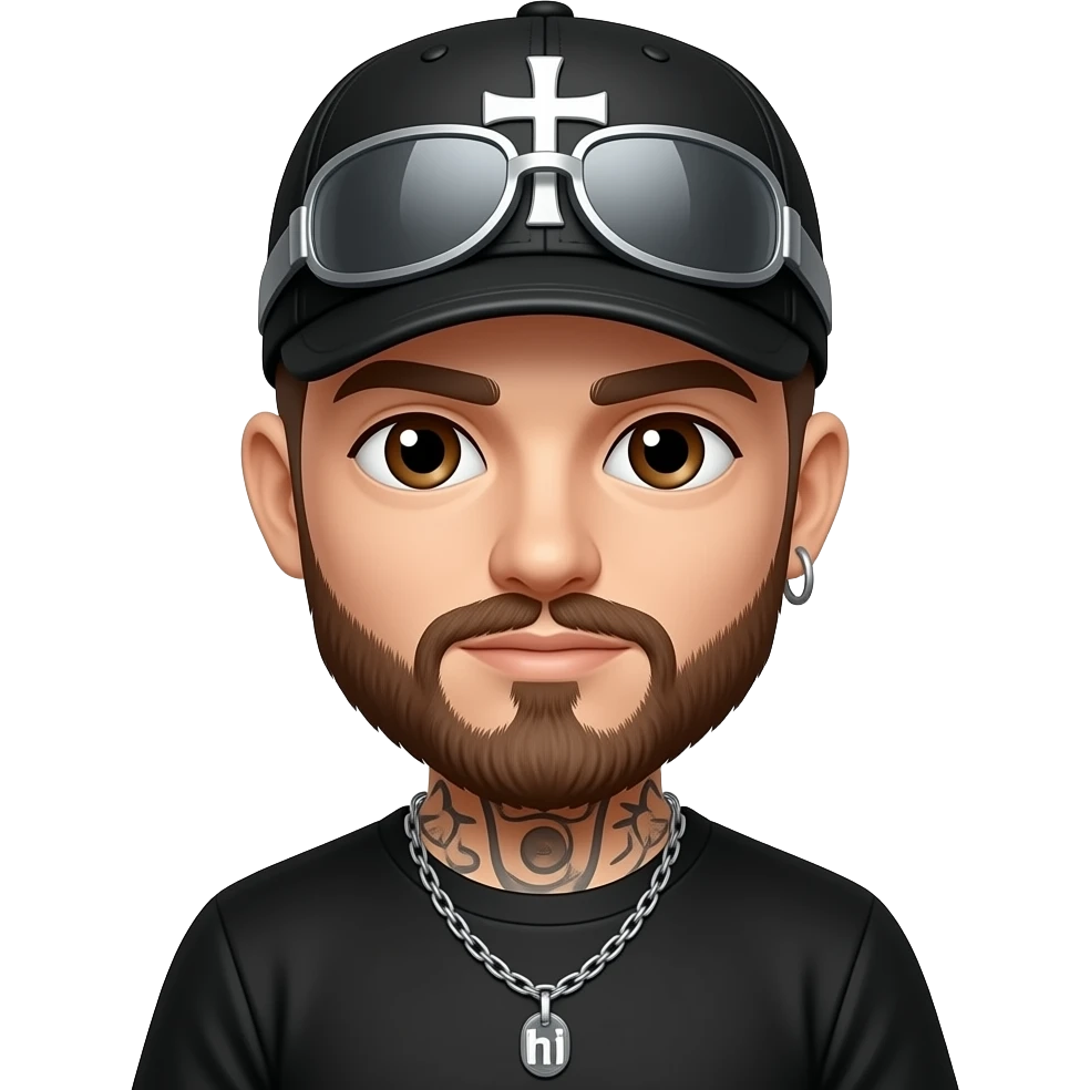 Brown eyes, rock-style cap with metallic clips on the cap visor , rock cross on the cap , black teeshirt, saying hi, no tattoos , no chain, short hair , brown beard, no withstand emoji