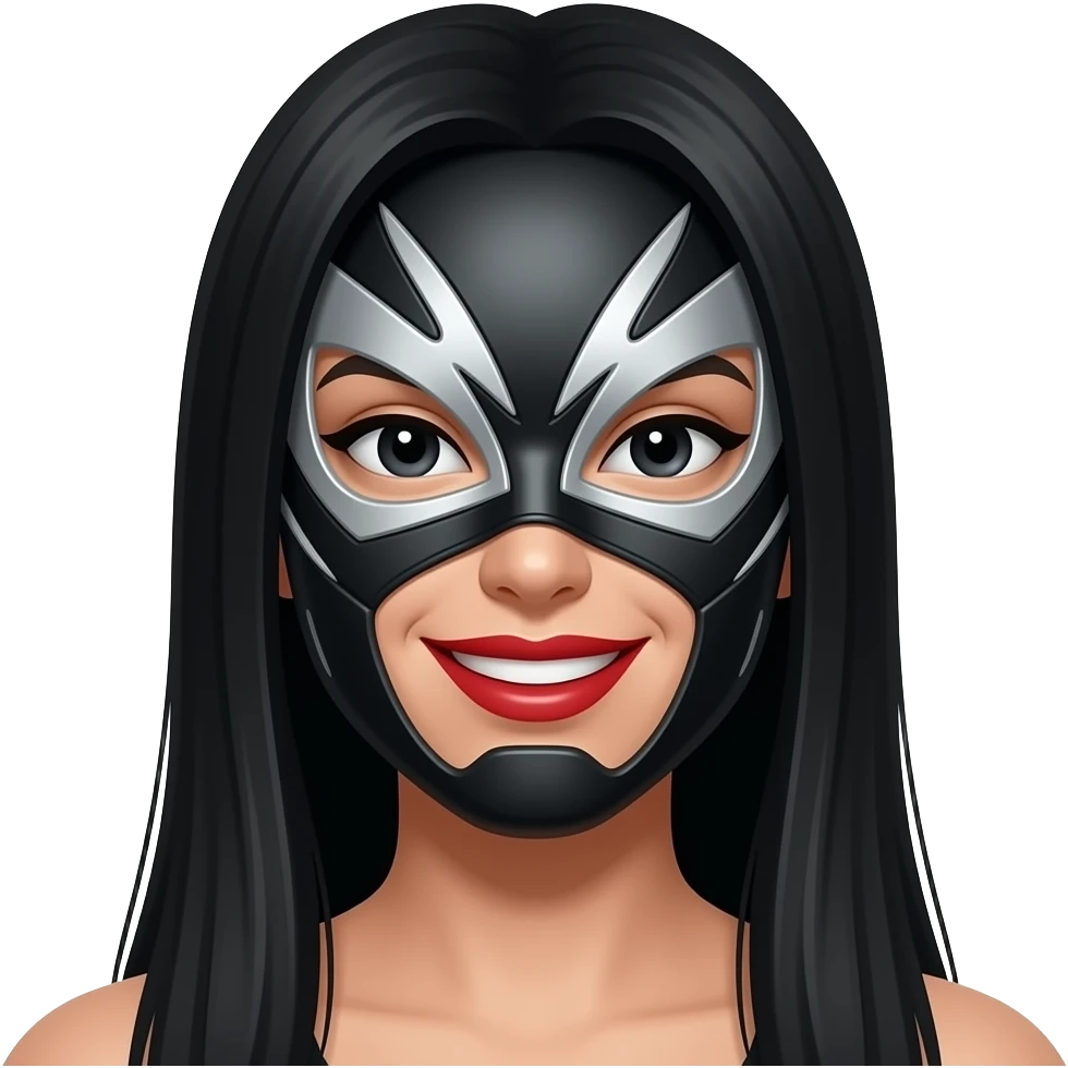 Asi como está solo que tenga cabello largo y lacio de color negro  y labios rojos y la mascara de luchador tipo ciborg negro con plateado, y ojos negros sin fleco y que no se vea el cuello ni el torso, solo la cara y que tenga una expresión como este emoji (😊) emoji