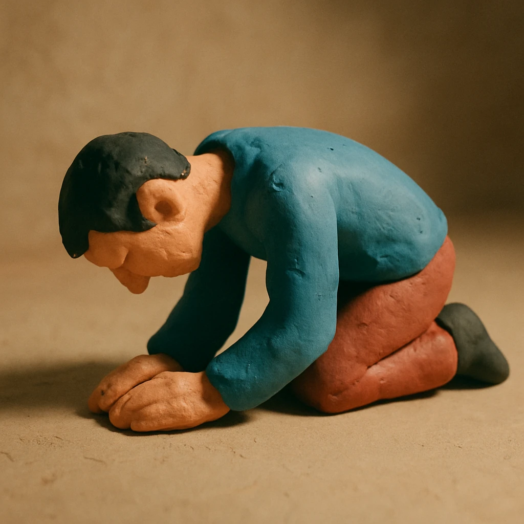 side view of a man kneeling and bowing, gesture of submission emoji