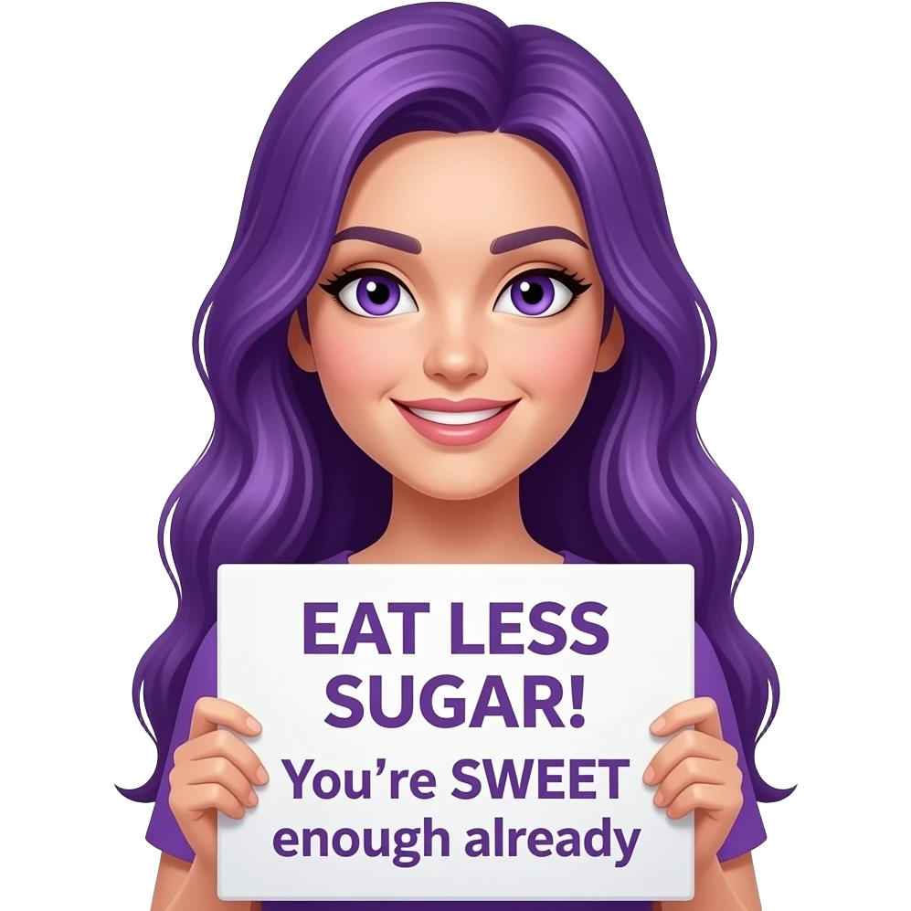 sexy girl with long purple hair and purple eyes holding a EAT LESS SUGAR! You're SWEET enough already sign emoji