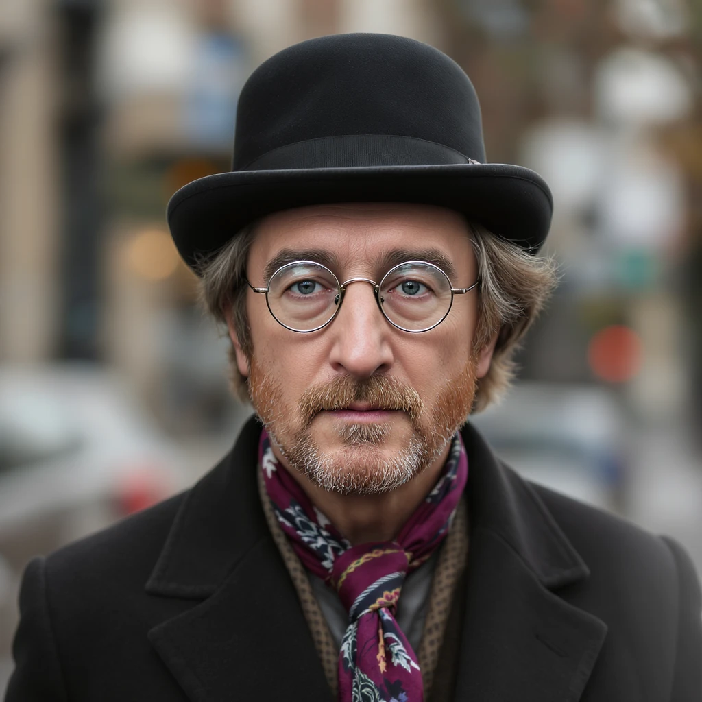 detailed realistic illustration of John Lennon in a bowler hat, photorealistic, soft lighting emoji