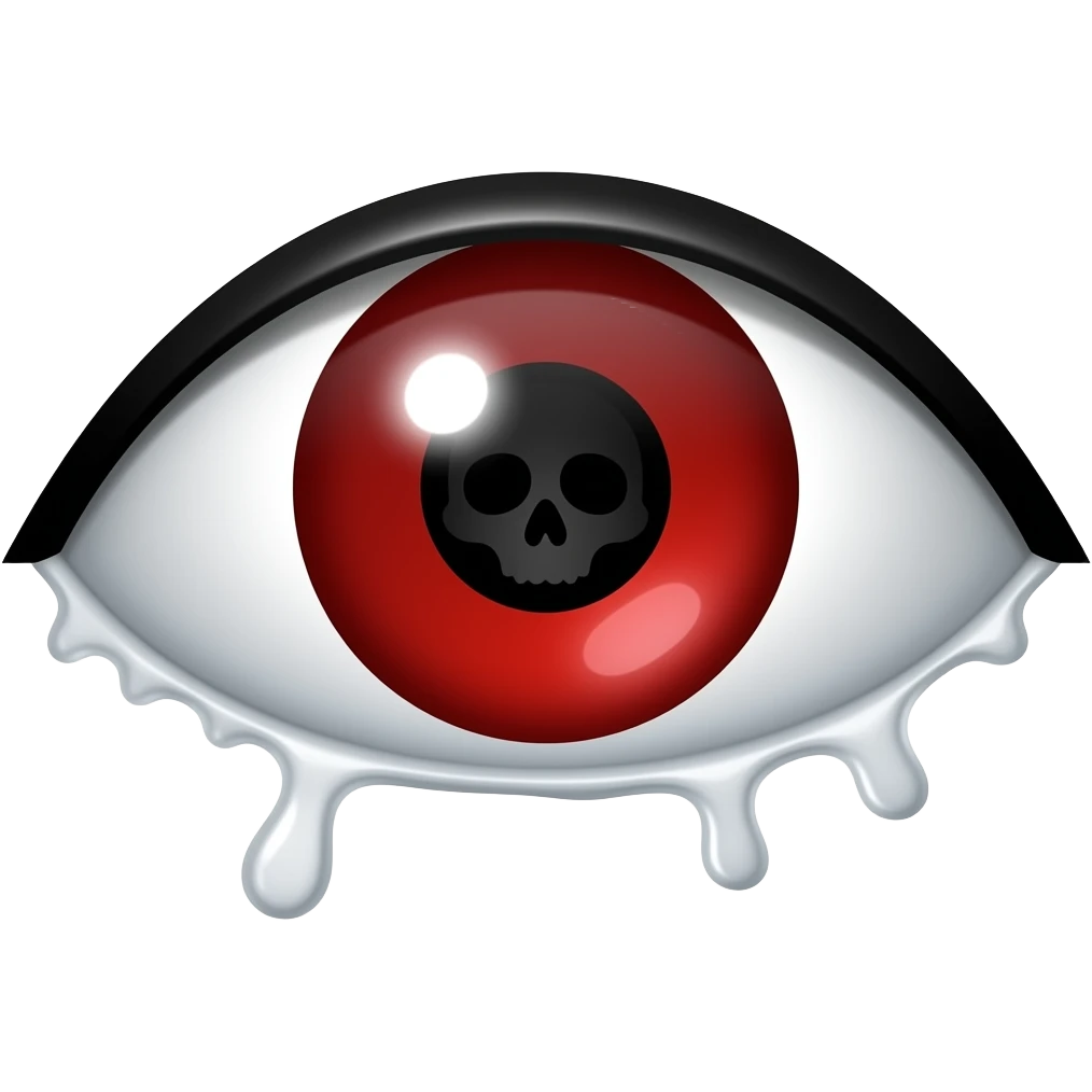 un solo ojo de color rojo  que expresae con miedo y que en el centro dela pupila es un cráneo emoji