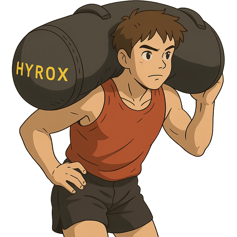 ghibli style athlete carrying a Hyrox sandbag on shoulder emoji