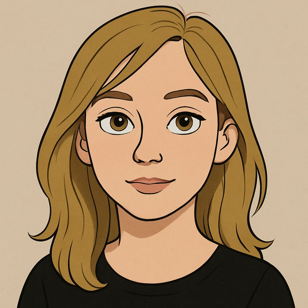 a white girl with dirty blond hair, hazel eyes, wearing a black top, cartoon style, neutral background emoji