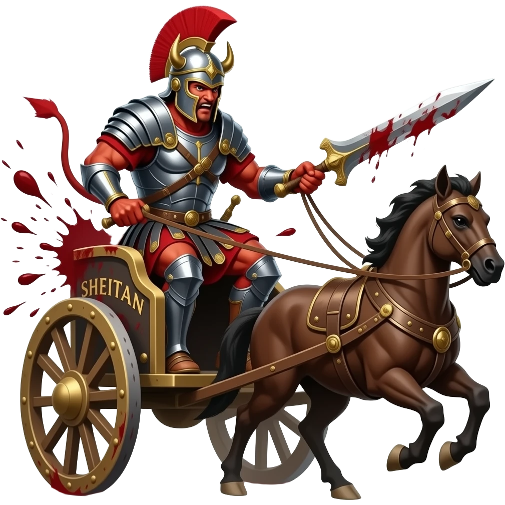 Demon charging into battle driving a roman war chariot text SHEITAN emoji