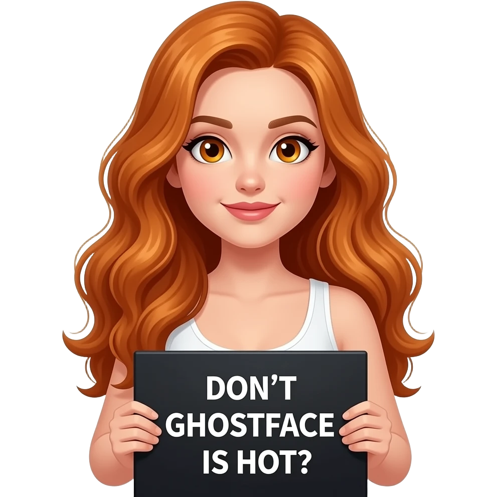 sexy girl with long wavy ginger hair and ginger eyes wearing a white tanktop is holding a black colored sign with Don't GHOSTFACE is HOT written on it emoji