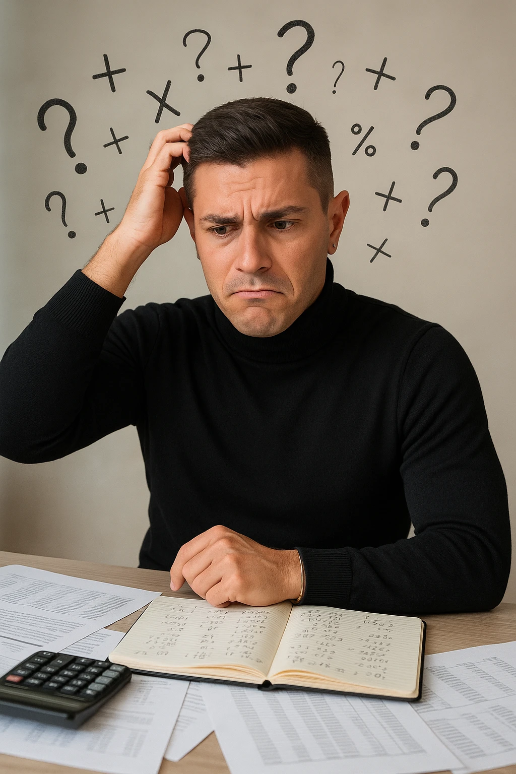 a man sits at a desk cluttered with papers, a calculator, and a notebook filled with numbers and equations. He scratches his head, eyebrows furrowed in confusion, while mathematical symbols and question marks float around his head. The background is softly blurred, emphasizing his puzzled expression. emoji