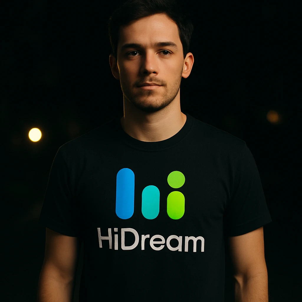 man wearing tshirt with this logo, dark night background with dim lights emoji