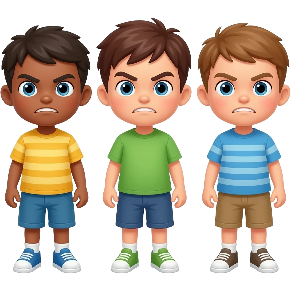 3 niños enfadados. mirando para atras del reves emoji